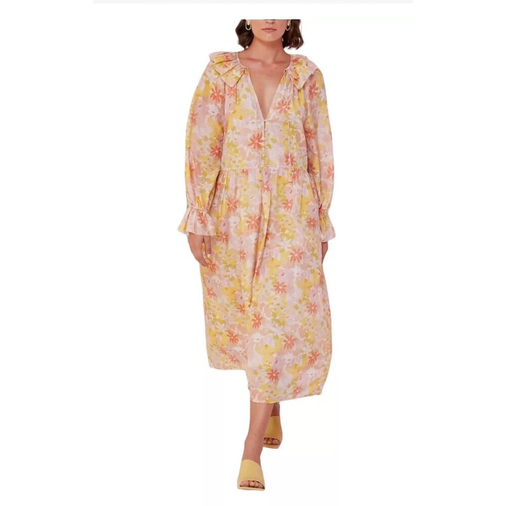 Magali Pascal Elainne Floral Bloom Long Sleeve V-Neck Silk Midi Dress Sz S